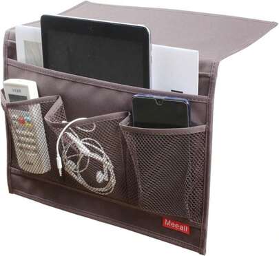 Meeall Bedside Storage Organizer With Pockets, Bedside Organizer Caddy For Remote Control, Table Cabinet, Phones, Magazines, Tablets, Accessories, Brown