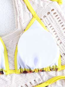 Conjunto de bikini de dos piezas con top de triángulo de cuello halter y Bottom tipo tanga con estampado floral tropical, de tela de natación de alta elasticidad, para un elegante atuendo de playa de verano para mujeres - Amarillo - Ver 5