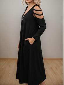 Plus Size Women's Zip Front Off Shoulder Casual Long Sleeve Dress, Casual Long Sleeve Dress, Suitable For Spring And Autumn Wear, Autumn Clothing, Autumn Women's Dress, Black Long Dress, Homecoming Dress