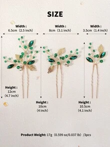 3pcs Emerald Crystal Gold Leaf Hair Clips, Vintage Rhinestone U-Shaped Bridal Hair Accessories, Suitable For Weddings And Galas - Multicolor - View 9