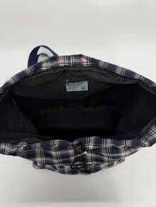 Large Capacity Fashionable Plaid Multi-Pocket Nylon Casual Backpack, Waterproof Lightweight Foldable Drawstring Patch Letter Travel Bag, Summer - Navy Blue - View 4