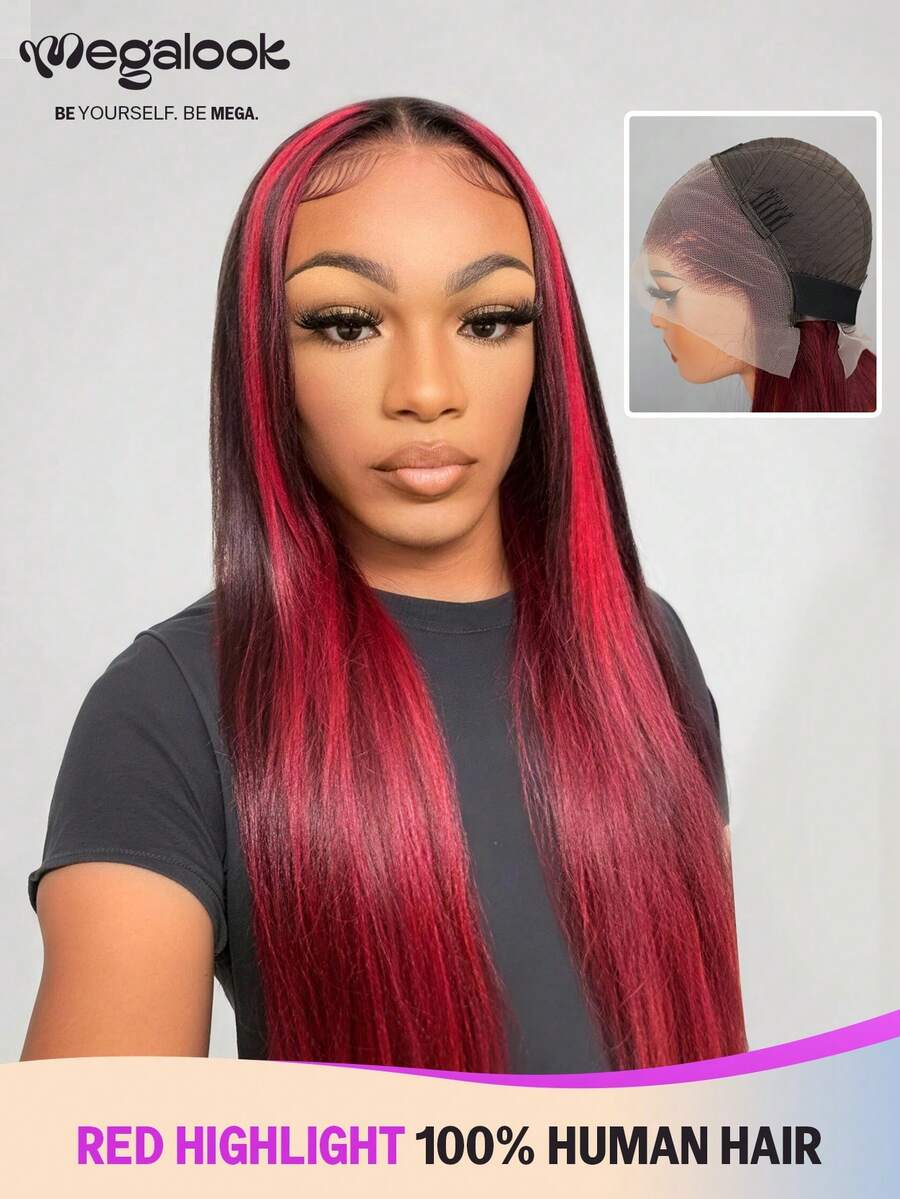MEGALOOK 30 Inch #99J Wine Red Ombre 100% Human Hair 13x4 Lace Front Straight Wig, 10-30 Inch Bob Wig, Long Wig, Transparent Lace Front Wig, Red Ombre Wig - Natural Looking, Suitable For Daily Wear - S1B/99J - View 1