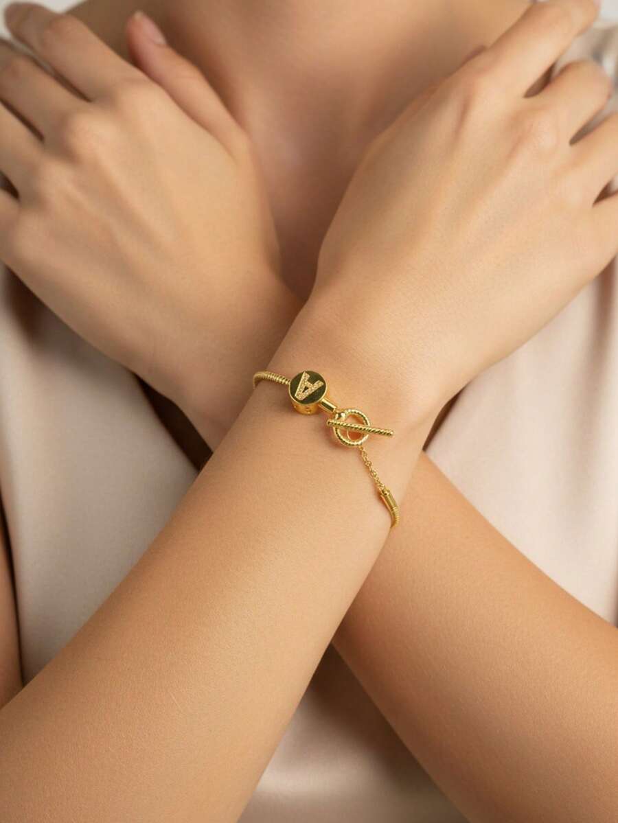 MECYLIFE 1pc Personalized Letter Charm Snake Chain Bracelet, Elegant Minimalist Everyday Jewelry For Women