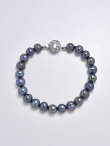 1pc 18K Gold Plated Natural Pearl Bracelet, Suitable As Women's Birthday Gift Or For Evening Wear - Black - View 5