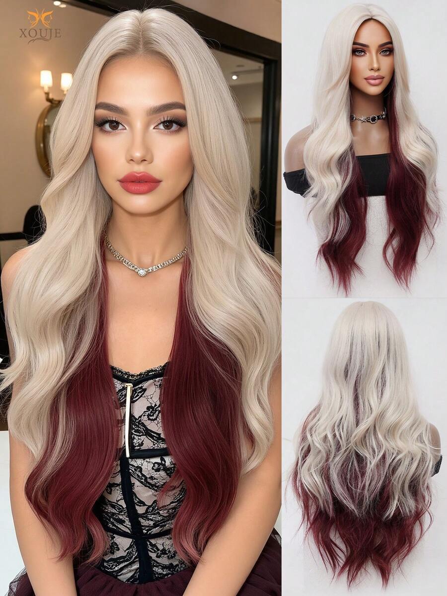 XOUJE Tóc giả dài màu đỏ tía ánh vàng, kiểu gợn sóng nhẹ, có mái rẽ ngôi giữa, dài 30 inch, trông tự nhiên, mềm mại và bồng bềnh, làm từ sợi tổng hợp chịu nhiệt, hoàn hảo cho phụ nữ, thích hợp cho phong cách thời trang hàng ngày, các buổi tụ họp ngày lễ, tiệc cưới, Halloween, Giáng sinh, cosplay, hẹn hò thông thường và nhiều dịp khác. - Màu đỏ ombre - Xem 1