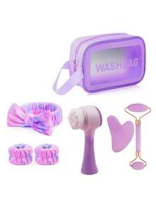 5/6/7/8/9pcs Professional Facial Cleansing & Skincare Massage Tool Set, Including 3pcs Spa Headband & Wristband Set, 1pc Facial Cleansing Brush, 1pc Heart-Shaped Gua Sha Board, 1pc Facial Oil Massage Roller, 1pc Reusable Makeup Remover Towel, 1pc Waterproof Storage Bag, Portable Travel Kit, Ideal Gift For Valentine's Day, Christmas, Spring Festival, Mother's Day, Parties, Weddings - Multicolor - View 9
