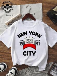 Camiseta de estilo Y2K con gráfico de la ciudad de Nueva York, camiseta de cuello redondo de manga corta casual para mujer, gorra de béisbol vintage con estampado de NYC, ajuste holgado, top de verano - Negro - Ver 1