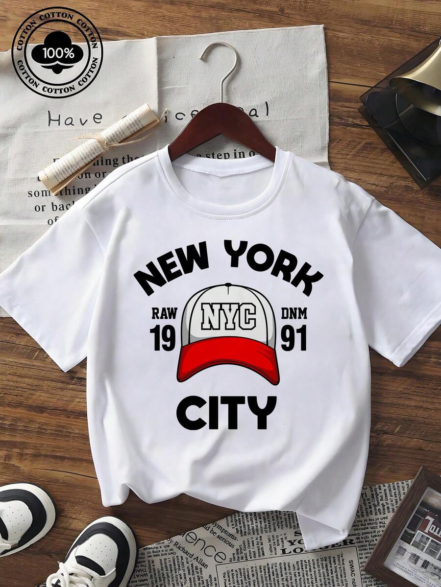 Camiseta de estilo Y2K con gráfico de la ciudad de Nueva York, camiseta de cuello redondo de manga corta casual para mujer, gorra de béisbol vintage con estampado de NYC, ajuste holgado, top de verano - Negro - Ver 1