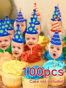 10/25/50/100/150 Pieces Personalized Face Cupcake Toppers - 1st Birthday Party Decoration, Face Design, Personalized Cake Decoration, Cake Topper With Birthday Hat, Face Cupcake Decorations, Personalized Face Cupcakes, Birthday Decoration, Face Lollipops, Printable Decoration, Party Supplies - Multicolor - View 9