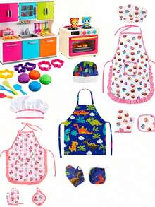4pcs Kids Kitchen Apron Set, Suitable For Boys And Girls, Includes Baking Tools, Dinosaur And Fruit Pattern Aprons, Realistic Kitchen Roleplay Set, New Year, Birthday Gift, Easter Gift, Girls Toys, Boys Toys, Kitchen Play Set, Children's Painting Aprons, Birthday Gift, Back To School Gift - Multicolor - View 1