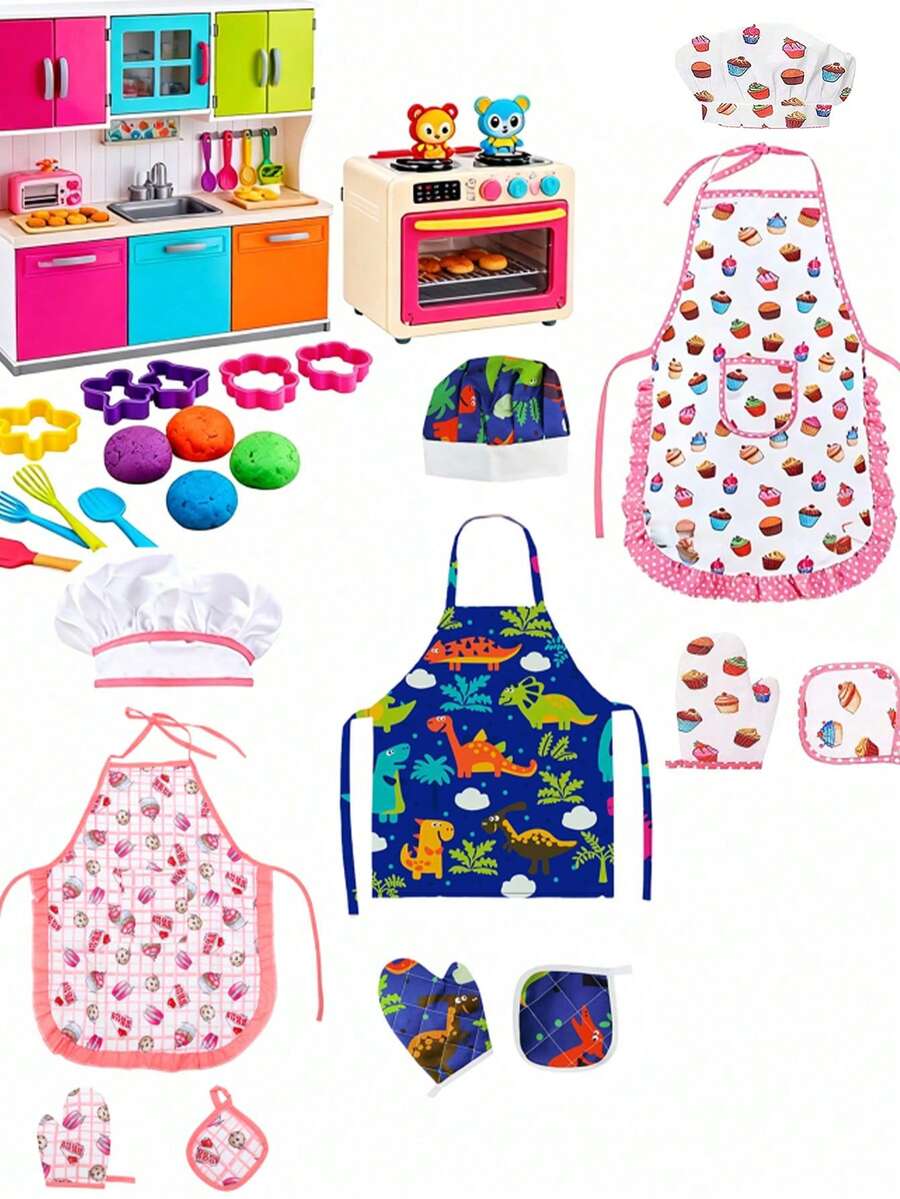4pcs Kids Kitchen Apron Set, Suitable For Boys And Girls, Includes Baking Tools, Dinosaur And Fruit Pattern Aprons, Realistic Kitchen Roleplay Set, New Year, Birthday Gift, Easter Gift, Girls Toys, Boys Toys, Kitchen Play Set, Children's Painting Aprons, Birthday Gift, Back To School Gift - Multicolor - View 1