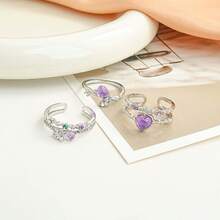 3pcs/Set Heart Shaped Cat Eye Stone Rings, Double Layer Stacking, Simple Style, Advanced, Sweet, Pink, Ins Style - Multicolor - View 6