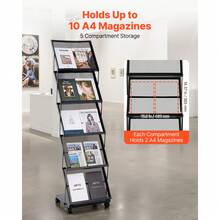 Brochure Display Rack, Foldable 5 Pockets Magazine Literature Display Stand, Movable Floor Standing Magazine Rack With Wheels, Metal Newspaper Catalog Holders For Shop Exhibitions Office Show - Base with casters 5 slots - 查看 2