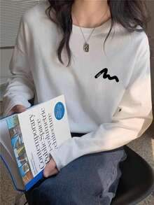 Women's Casual Loose Fit Round Neck Cartoon Letter Print Long Sleeve Cotton T-Shirt, Versatile For Spring & Autumn