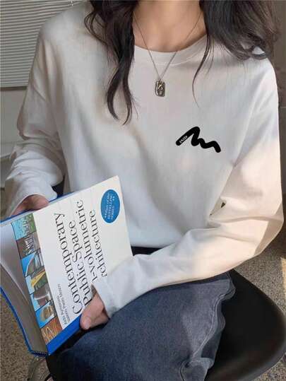 Women's Casual Loose Fit Round Neck Cartoon Letter Print Long Sleeve Cotton T-Shirt, Versatile For Spring & Autumn