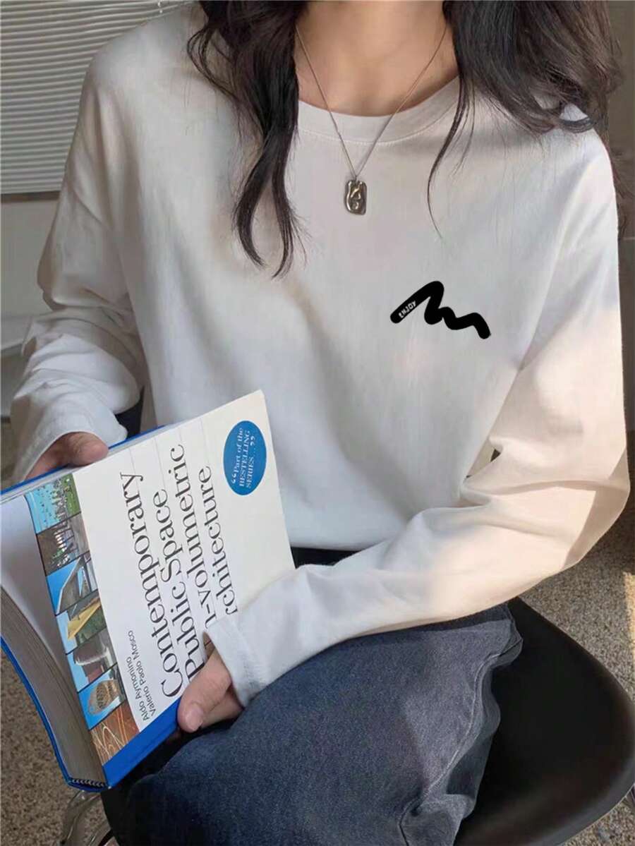 Women's Casual Loose Fit Round Neck Cartoon Letter Print Long Sleeve Cotton T-Shirt, Versatile For Spring & Autumn