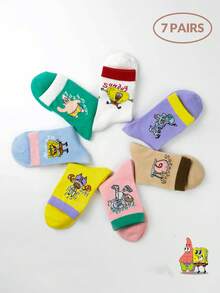 SpongeBob SquarePants 7双装女士休闲卡通印花短袜，透气吸湿低帮袜，适合夏季日常穿着 - 彩色 - 查看 7