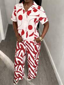 Set de 2 piezas estilo bohemio para mujer: Camisa con cuello vuelto y botones, y pantalones de pierna ancha con estampado abstracto, adecuado para uso casual diario y vacaciones - Rojo y blanco - Ver 1
