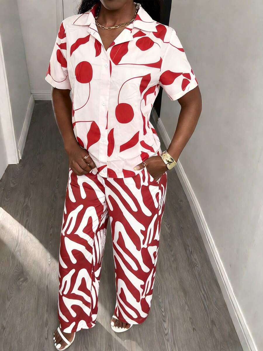 Set de 2 piezas estilo bohemio para mujer: Camisa con cuello vuelto y botones, y pantalones de pierna ancha con estampado abstracto, adecuado para uso casual diario y vacaciones - Rojo y blanco - Ver 1