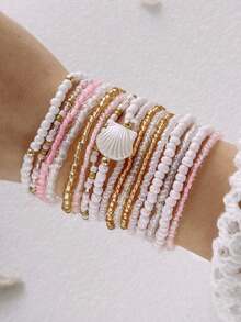 Bộ 17 vòng tay đính hạt nhựa và vỏ sò màu hồng phong cách Bohemian dành cho nữ. - Hồng - Xem 2