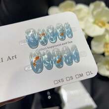 10 Pieces Of Luxury French Glacier Blue Marine Nail Art With Carp Tail And Cat's Eye - Glossy Surface, Perfect For Seaside Vacation Photos, Nail Patches, Luxury Nail Art | Calming Design | Glossy Surface Nails - 短橢圓形(S) - 查看 4