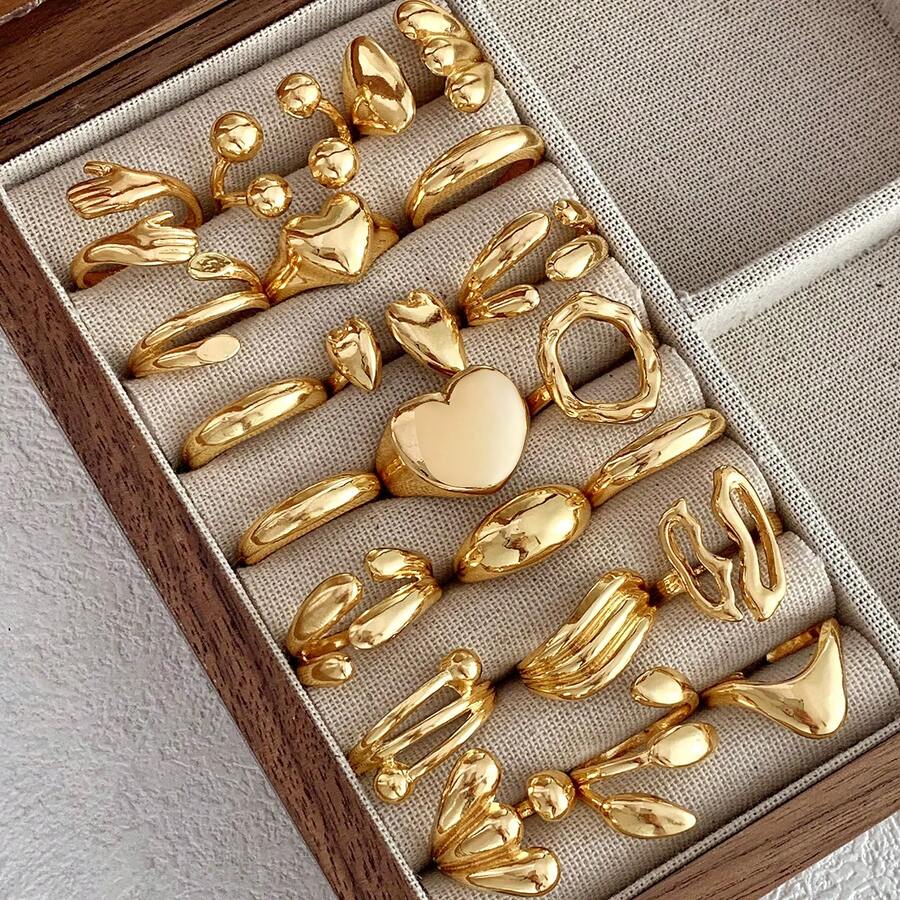 10件套时尚几何金属戒指套装，女士礼物 - 金色 - 查看 1