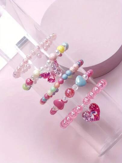 Set de 5 piezas de pulseras con cuentas con diseños de mariposas y corazones, colores aleatorios, regalo para niñas