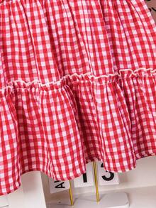 Girls Red & White Plaid Dress With Large Collar, Classic Retro Gingham Pattern, Layered Ruffle Hem Design, Cute & Charming For Birthday Party Or Outdoor Picnic, Spring/Summer - Red - View 8