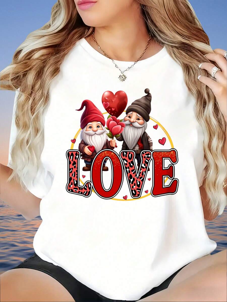 Women's T-Shirt,Cute Garden Gnomes Couple Love Heart Leopard Print Valentine T Shirt For Women Summer Casual Top, 220g - Black - View 1