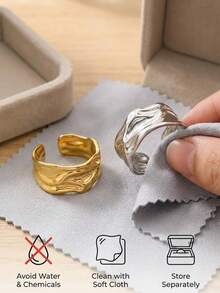 1pc Gold And Silver Tone Textured Cuff Rings Set For Women, Asymmetric Molten Wavy Wide Band Open Adjustable Rings, Chunky Statement Aesthetic Jewelry Gift - Multicolor - View 7