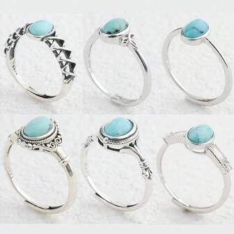 Natural Turquoise 925 Silver Ring Vintage Adjustable Stackable Bands For Women Healing Gemstone Jewelry Boho Gift