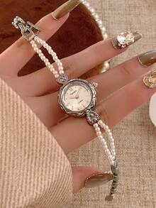 1pc Retro Style Round Bracelet Women's Quartz Watch Fashionable And Exquisite Art Suitable For Daily Matching Birthday/Graduation Gifts Parties And Banquets - Silver - View 3