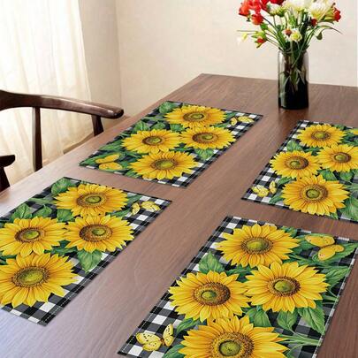1/4pcs Set, Rectangular Cotton Linen Placemats With Yellow Sunflower On Black & White Checkered Pattern, 12x18 Inches, Washable Table Mats For Kitchen Decor