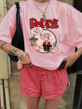  Women's Fashion Colorful Letter & Popeye Cartoon Figure Print Round Neck Short Sleeve Casual T-Shirt, Spring/Summer, Versatile For Daily Wear