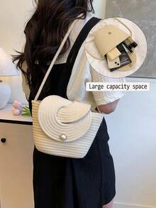 New French Niche Woven Women's Handbag, Summer Beach Vacation Bag, Large Capacity Tote Vegetable Basket,Woven Bucket Beach Bag For Women, Knitted Tote With Crossbody Strap & Pearl-Accented Twist Knot Closure, Minimalist Straw Bag For Vacation, Wedding Events, And Summer Outings, Roomy Purse Fits Phone, Wallet, Keys In Khaki And BeigeThe Best Gift Choice, Birthday Gift, Valentine's Day[US Local Warehouse] - 彩色 - 查看 7