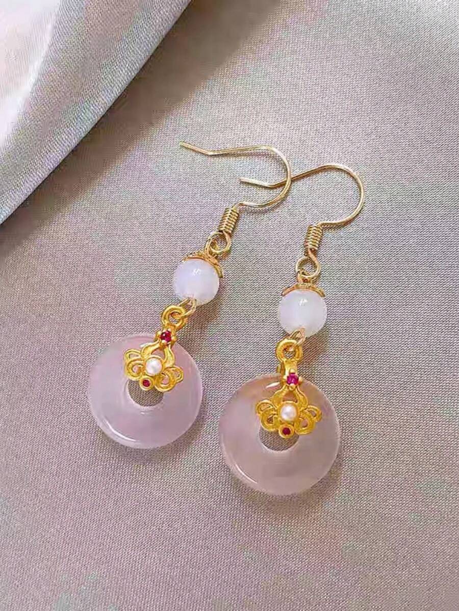 1 Pair Chinese Style Pink Auspicious Knot Earrings, Elegant High-End Earring Hooks, Versatile For Banquet Wear