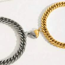 2 件套磁性心形吊坠情侣手链，男女通用时尚银色简约手链首饰，送给男朋友女朋友的礼物，情人节 - 銀色 - 查看 11