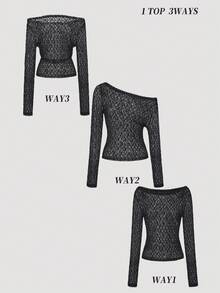 ARA CHIC Women's Black Sexy Sheer Long Sleeve Cold-Shoulder Top, Asymmetric Shoulder Design, Draped Neckline, Fashionable Elegant T-Shirt, Suitable For Vacation, Valentine's Day Outfit, Spring 2026 - Black - View 4