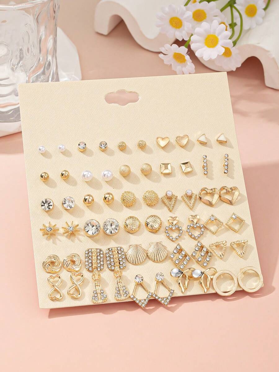 30 pares de juego de aretes minimalistas diarios, conjunto de aretes de perla falsa, metal, rhinestone, lazo único, cuadrado, concha, combinación de varios estilos, regalo festivo para mujeres, adecuado para uso casual y de vacaciones