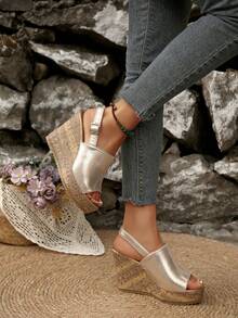 Nouvelles sandales à plateforme à texture d'arbre avec talon compensé et bout ouvert, sandales en corde de lin pour femmes au quotidien, chaussures à talon épais avec bout ouvert - Doré - Voir 7