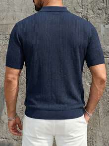 男士春夏翻领短袖纹理人字纹罗纹针织修身复古绅士风休闲精致 Polo 衫，男士设计师针织 Polo 衫 - 寶藍色 - 查看 4