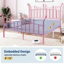 Allewie 14 Inches Twin/Full/Queen/King Size Metal Platform Bed Frame With Elegant Crown Headboard & Footboard, Sturdy Mattress Foundation With Under-Bed Storage, Easy Assembly, No Box Spring Needed, Pink - 粉色 - 查看 6