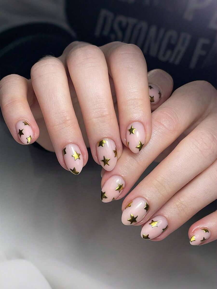 24pcs Short Oval Festival Press On Nails, Minimalist Style Gold Star Nude Short Nails Full Cover Glossy False Nails Set, Include: 1pc Jelly Glue And 1pc Nail File, Easy To Wear Daily Fake Nails Manicure Nails Press On Art For Women And Girls Daily Life Nail Supplies - Multicolor - View 1