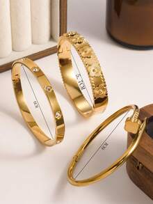 3pcs/1pc Fashion Flower & Clover Stainless Steel Bangle Bracelet Set, Golden, Elegant, Versatile, Suitable For Women, Girls, Daily Wear, Festivals, Weddings, Parties, Gifts For Wife, Daughter, Friend, Sister - Gold - View 4