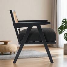Silla de acento moderno de mediados del siglo con respaldo de ratán y cojín de lino grueso, marco de madera, sillas de salón tapiceadas Silla de lectura para dormitorio Sunroom - Gris - Ver 5