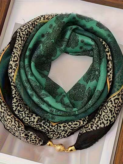 Elegant Leopard Print Scarf With A Secure Clasp, Designed To Stay In Place. A Stylish Neck Accessory For Women, Available In Three Colors. Lightweight And Breathable