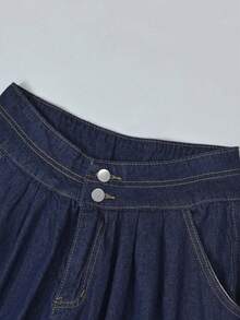 Contrast Stitch Fold Pleated Wide Leg Jeans, Commuting - Dark Blue - View 4
