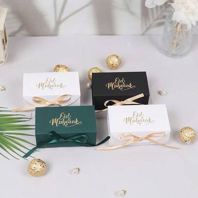10Pcs Premium Gold Foil Calligraphy Eid Mubarak Rectangle Gift Box - Black White Dark Green Decorative Gift Box With Ribbon For Ramadan And Eid Al-Fitr - Ideal For Storing Small Gifts Chocolate And Muslim Holiday Presents
