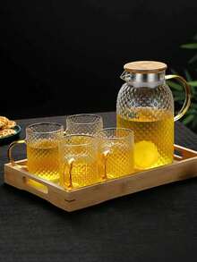 1 pieza Jarra de vidrio borosilicato de alta calidad para jugo o bebida, tapa de bambú y acero con patrón de grano de arroz, jarra de agua fría de gran capacidad, utensilio de cocina - Multicolor - Ver 11