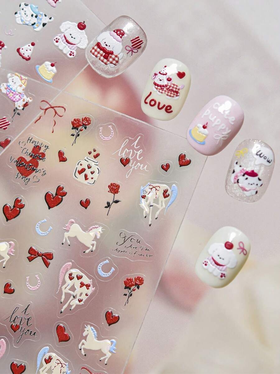 1pc Sparkling Horse Romantic Love Rose Valentine's Day Bow Chinese New Year Pony Nail Stickers Stickers - Multicolor - View 1